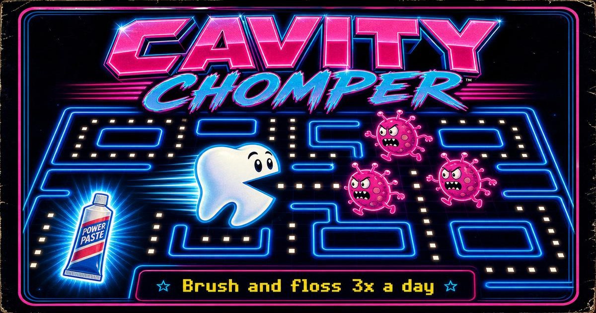 Cavity Chomper arcade poster: a chomping tooth racing through a neon maze chased by sugar-bug germs