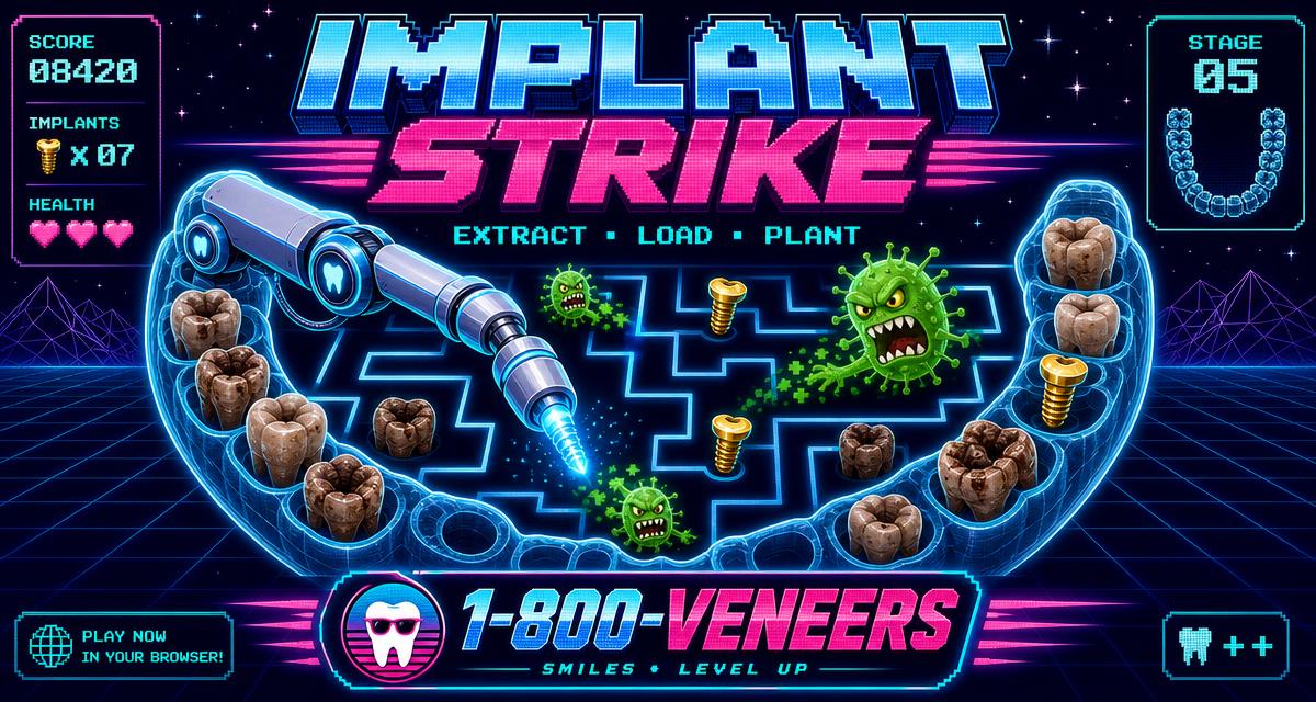 Implant Strike arcade poster: a neon robotic arm navigating a jaw maze, extracting decayed teeth and placing gold implants