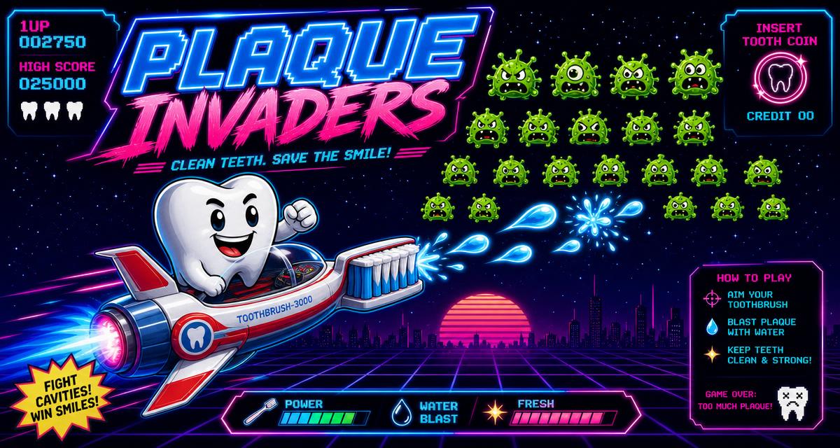 Plaque Invaders arcade poster: a tooth mascot in a toothbrush ship blasting plaque germs